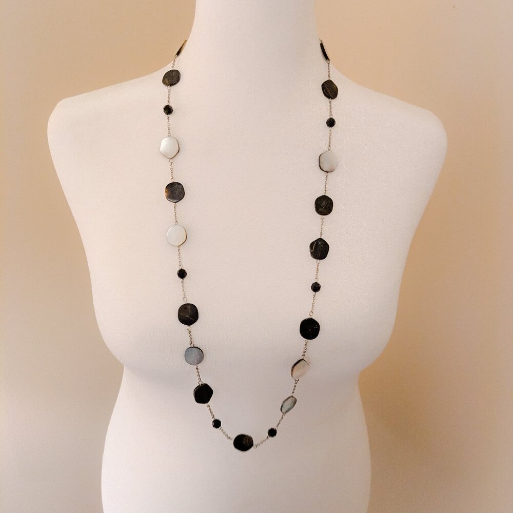 Lia Sophia Long Necklace Black White Mother of Pearl Silver Tone Necklace